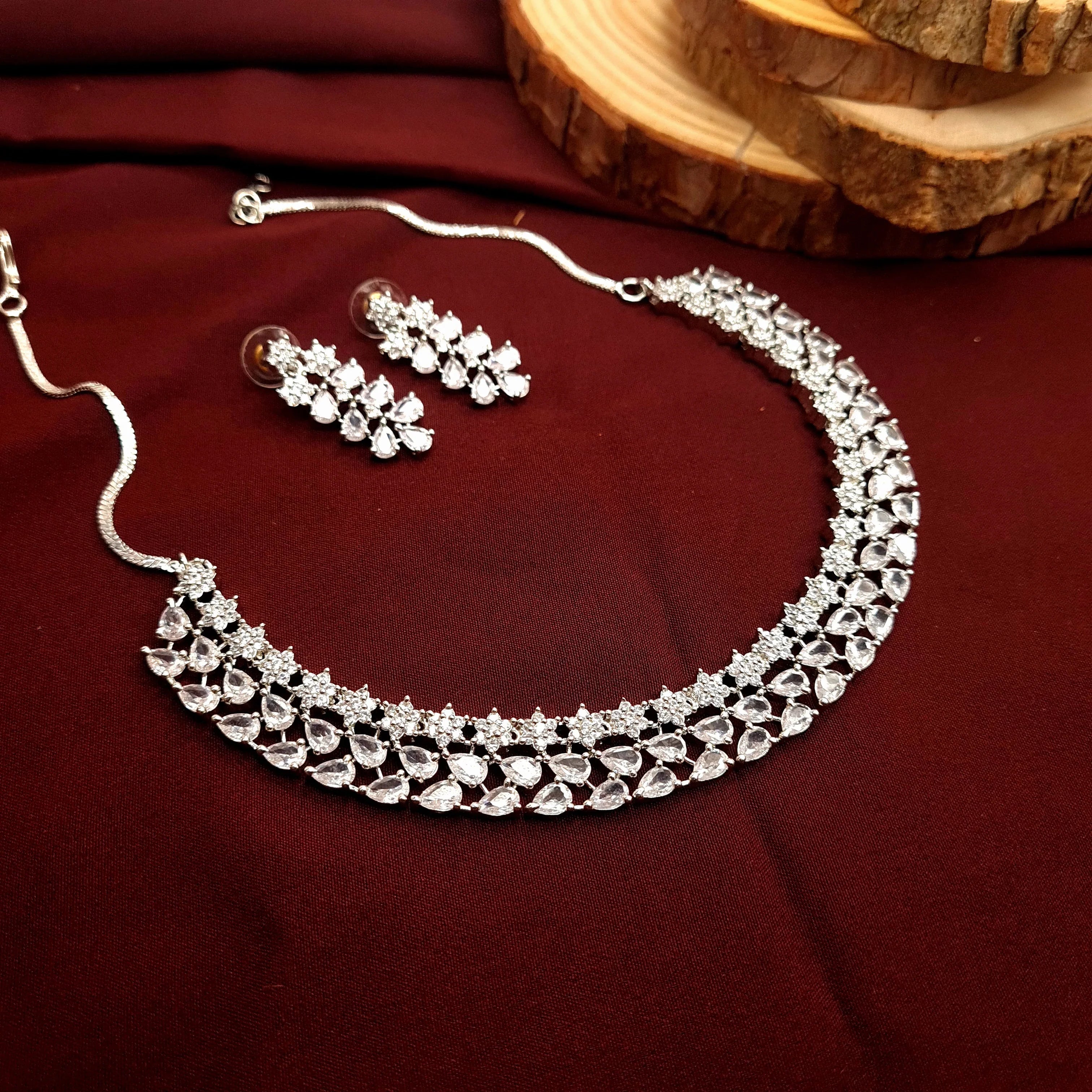 Silver CZ Diamond Necklace Set with Earrings