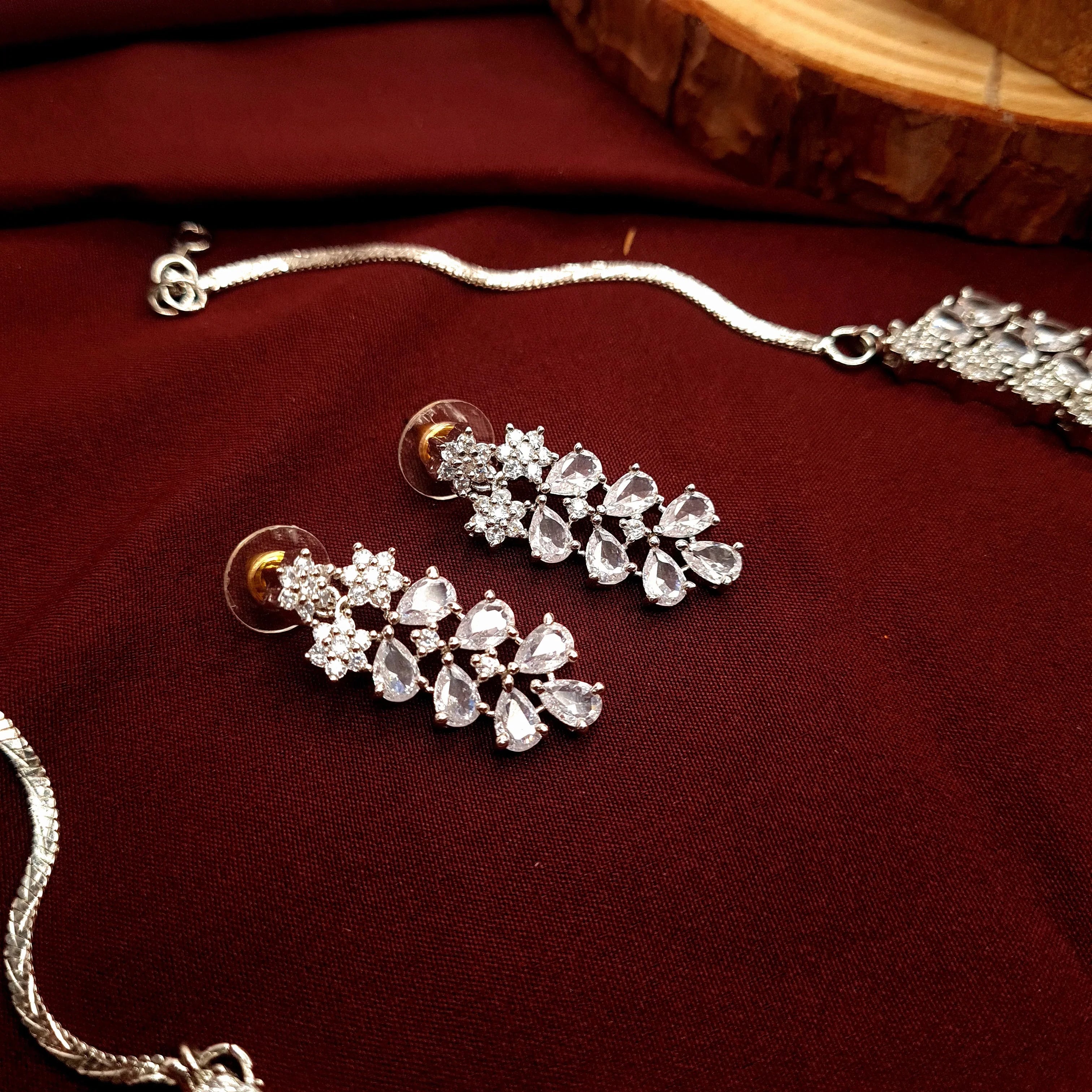 Silver CZ Diamond Necklace Set with Earrings