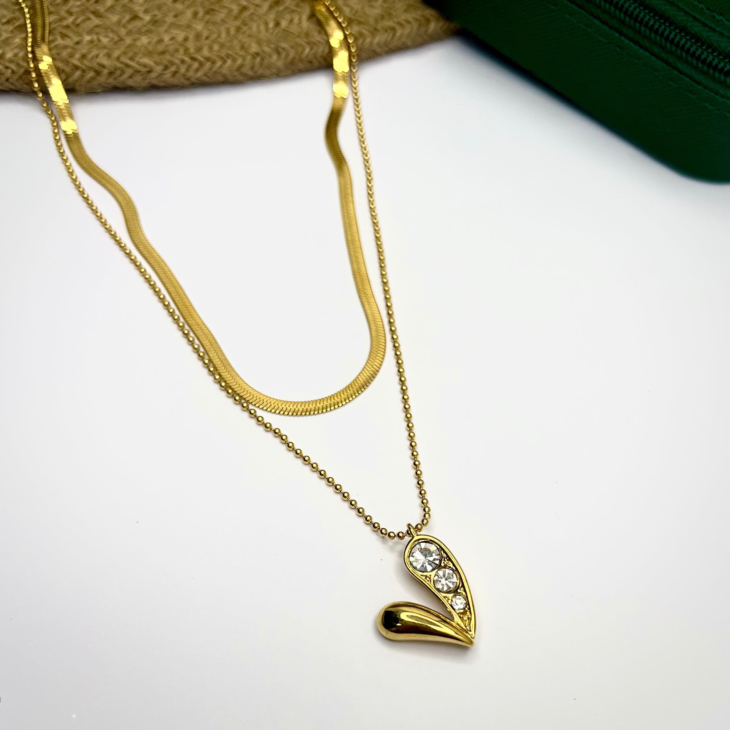 Heartline Glow Necklace – 2 Layer Chain with Half-Stoned Heart Pendant