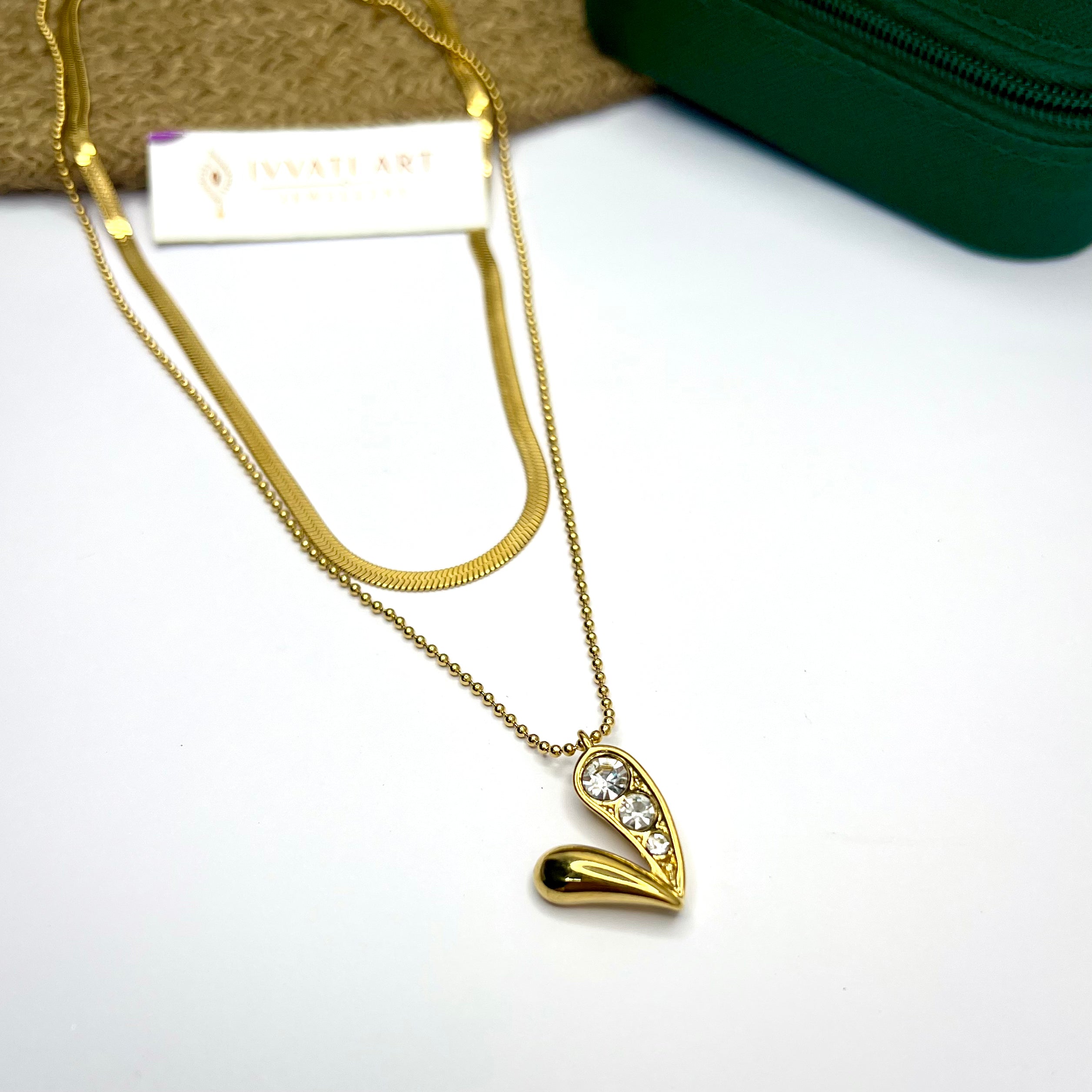 Heartline Glow Necklace – 2 Layer Chain with Half-Stoned Heart Pendant