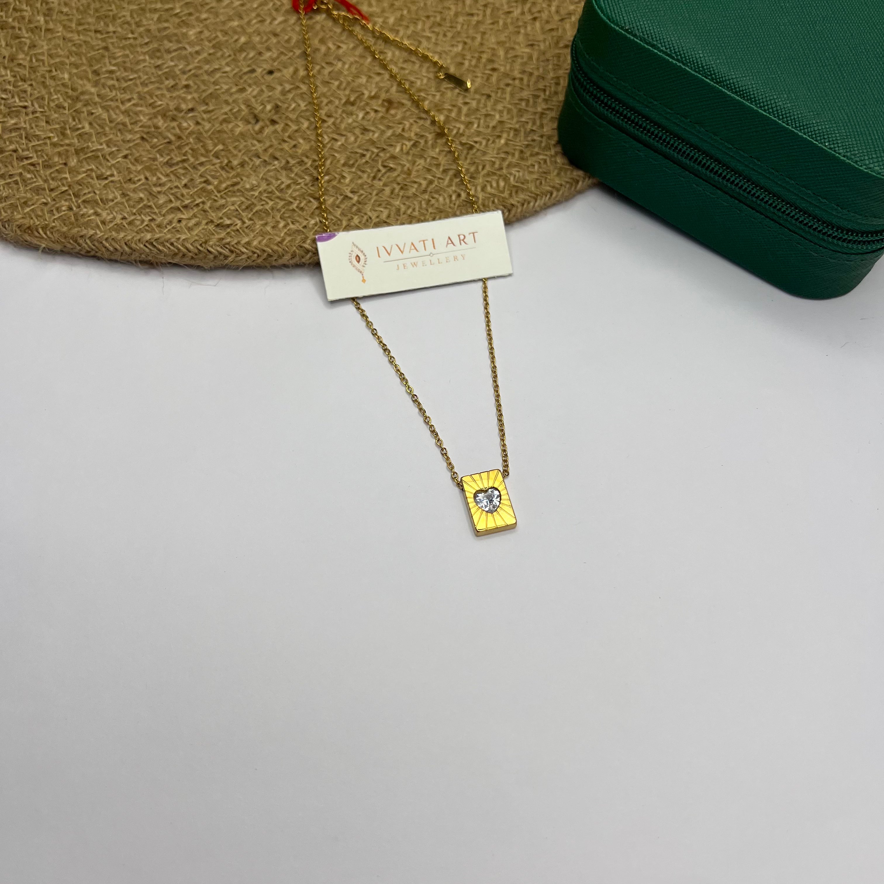 Gold square pendant necklace with heart center – Golden Embrace Necklace by Ivvati