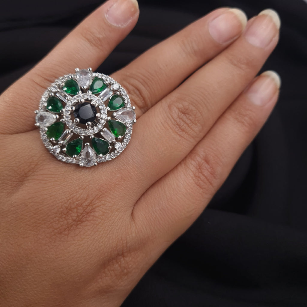 Adjustable silver ring with multiple CZ stones and sparkling finish