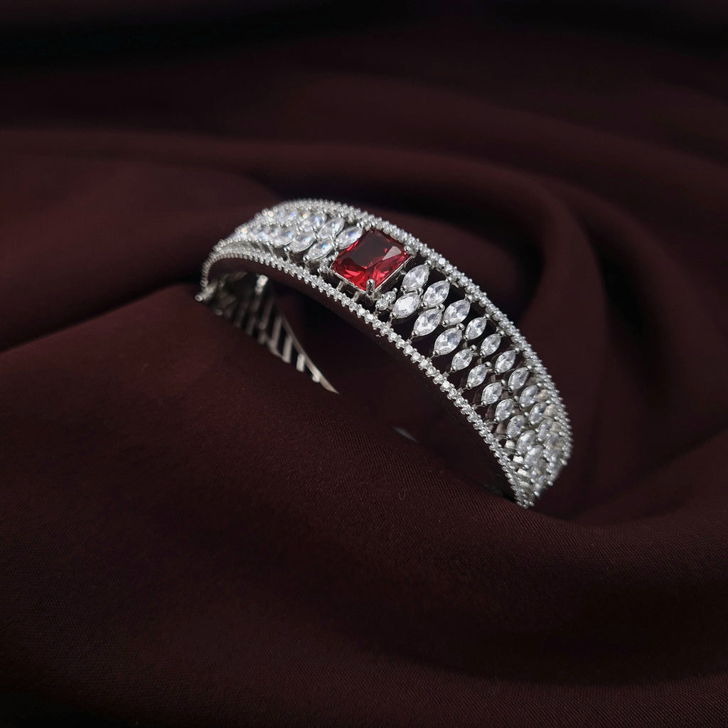 Silver CZ Bracelet with Red Stone – Elegant Festive Design