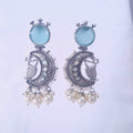 Oxidized silver earrings with blue Monalisa stone, dancer and moon motif, pearl drops

