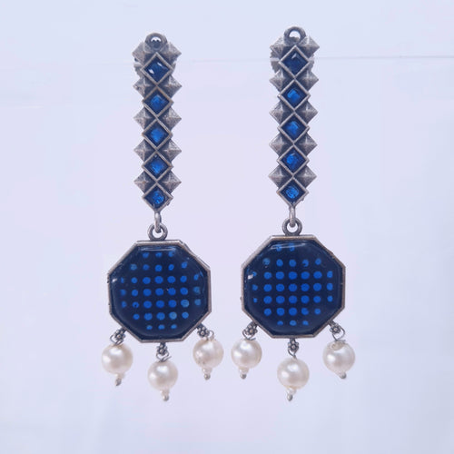 Blue oxidised octagon earrings with pearls and diamond-grid vertical line

