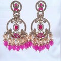 Gold-finish chandbaali earrings with pink stones and champagne beads

