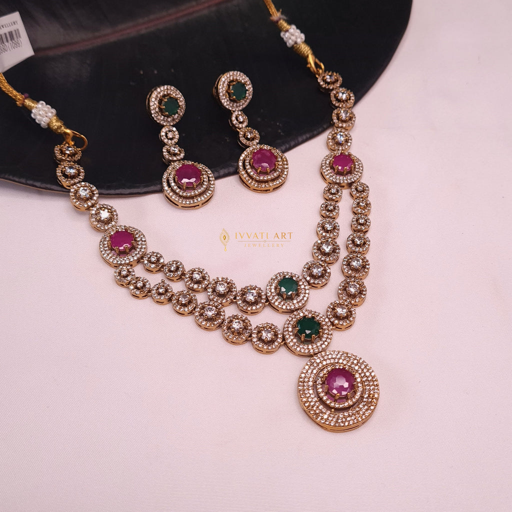2-layer copper necklace set with AD stones and matching earrings

