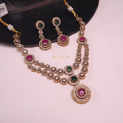 2-layer copper necklace set with AD stones and matching earrings

