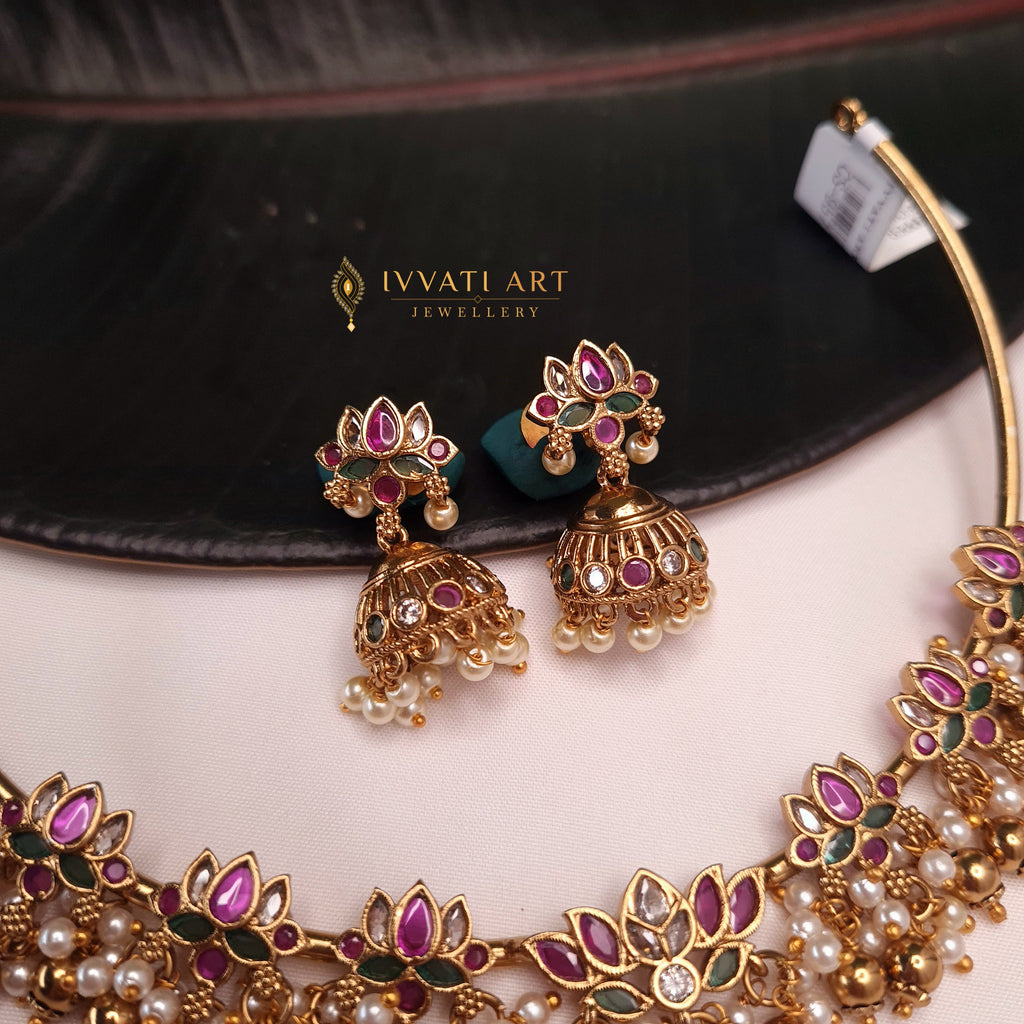 Kemp Lotus Adigai Necklace Set with Jhumka – Copper Finish
