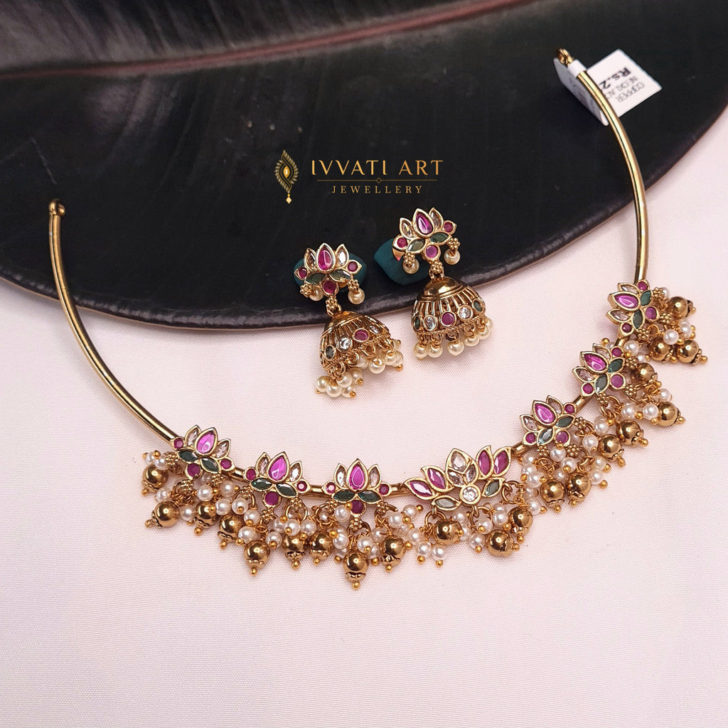 Kemp Lotus Adigai Necklace Set with Jhumka – Copper Finish