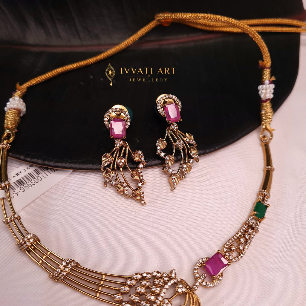 CZ Leaf Design Statement Necklace Set