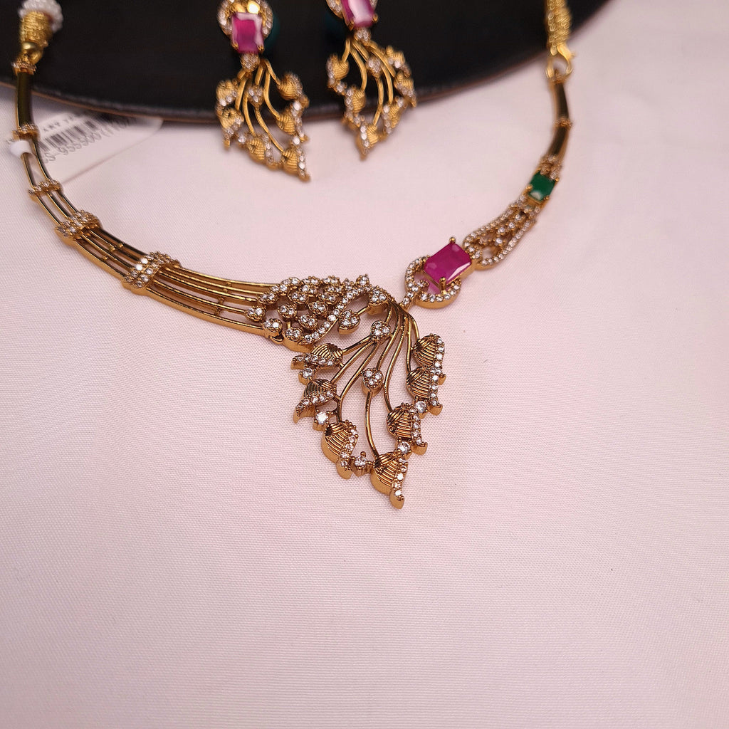 CZ Leaf Design Statement Necklace Set