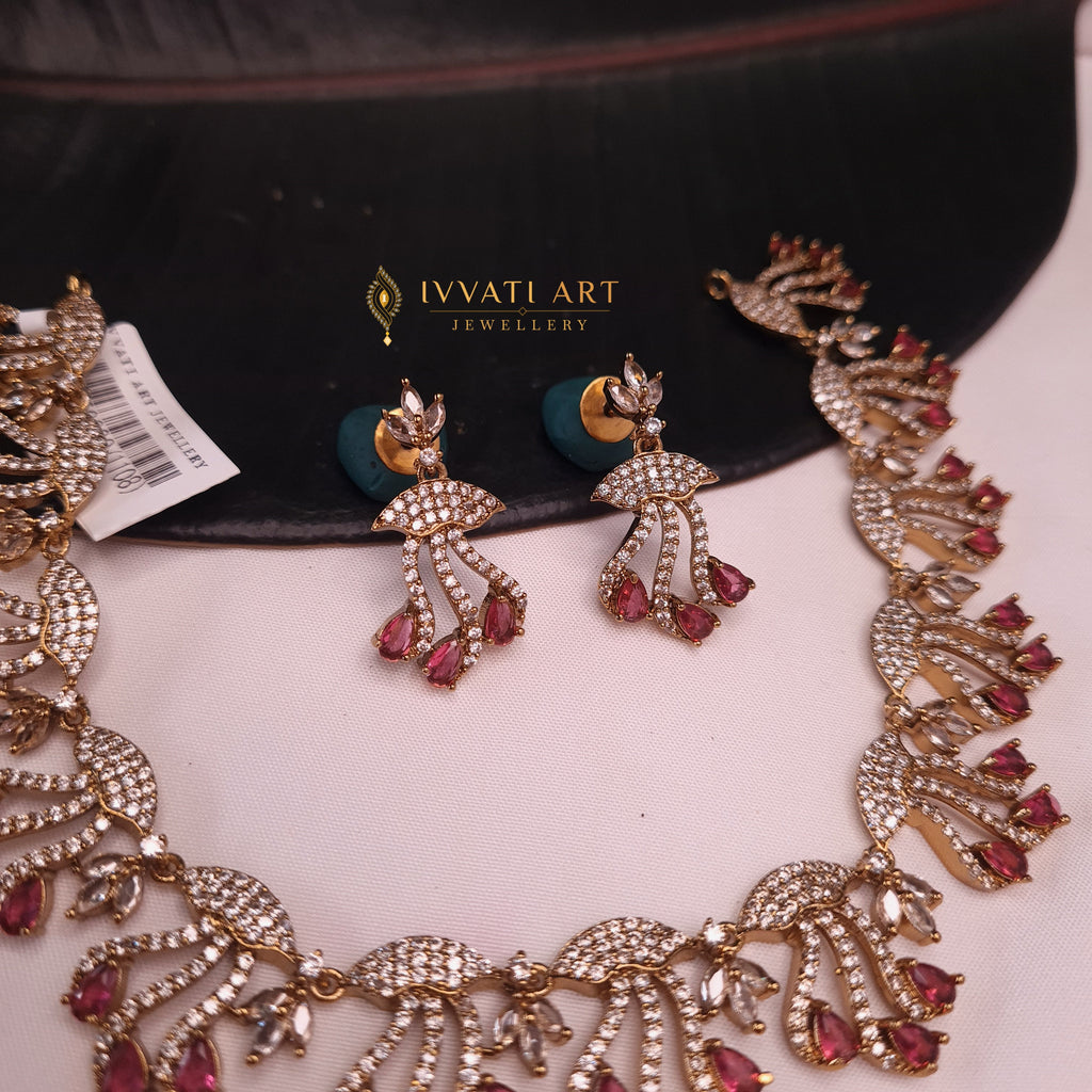 CZ Gold-Plated Necklace Set with Ruby Stones