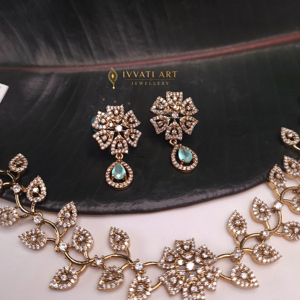 Leaf Design Necklace Set with Sea Blue Stone