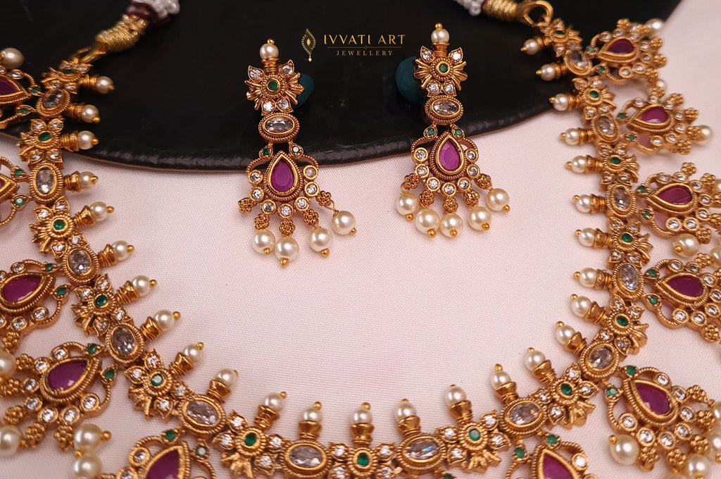 Ranjana Temple Pearl Necklace Set (Gold Finish)