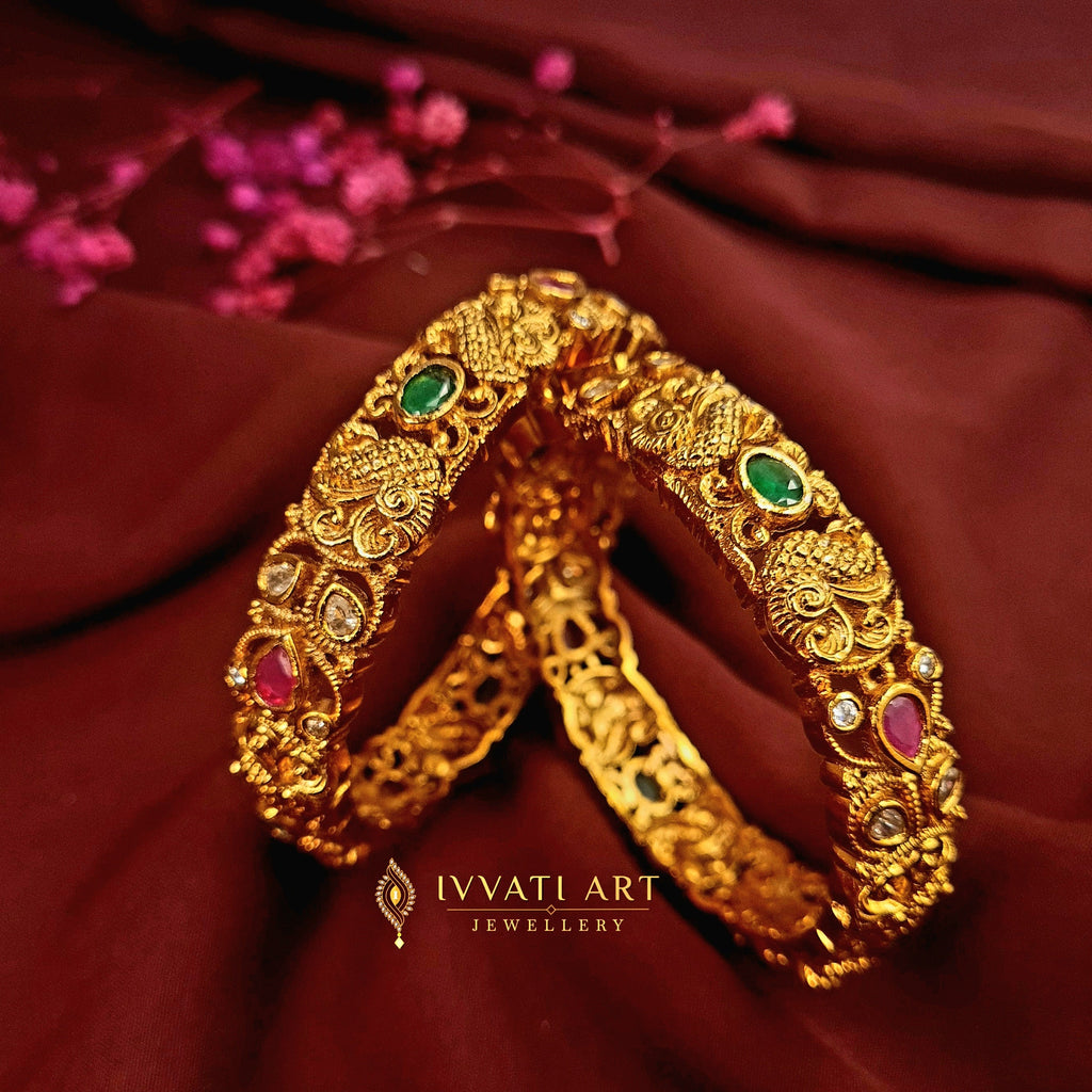 Gold plated copper bangles with green and ruby red stones

