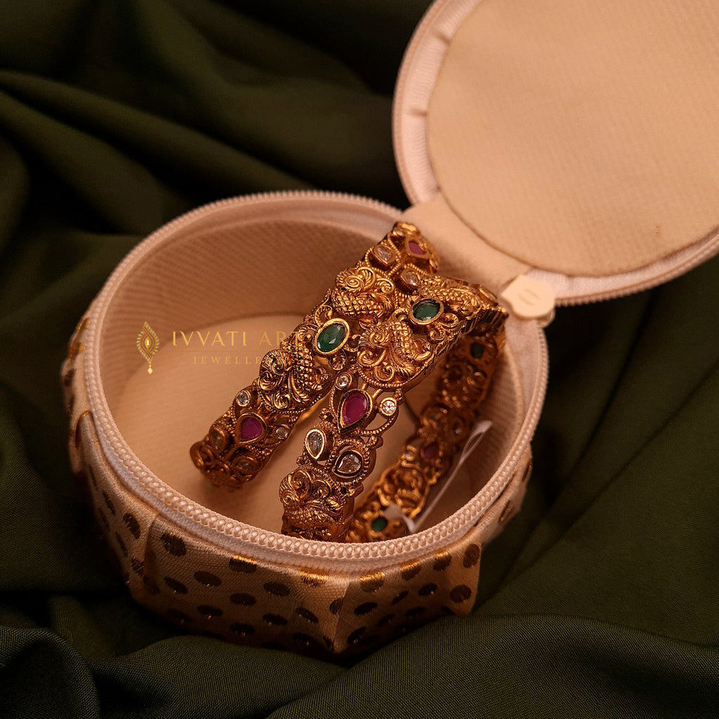 Gold Plated Copper Bangles – Green & Ruby Stone Design