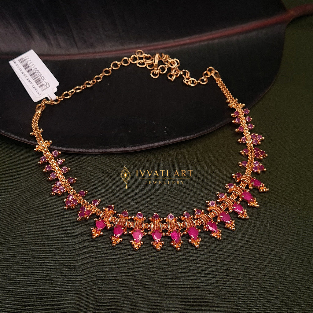 Gold-plated ruby pink stone necklace set with CZ detailing – Ivvati Art Jewellery


