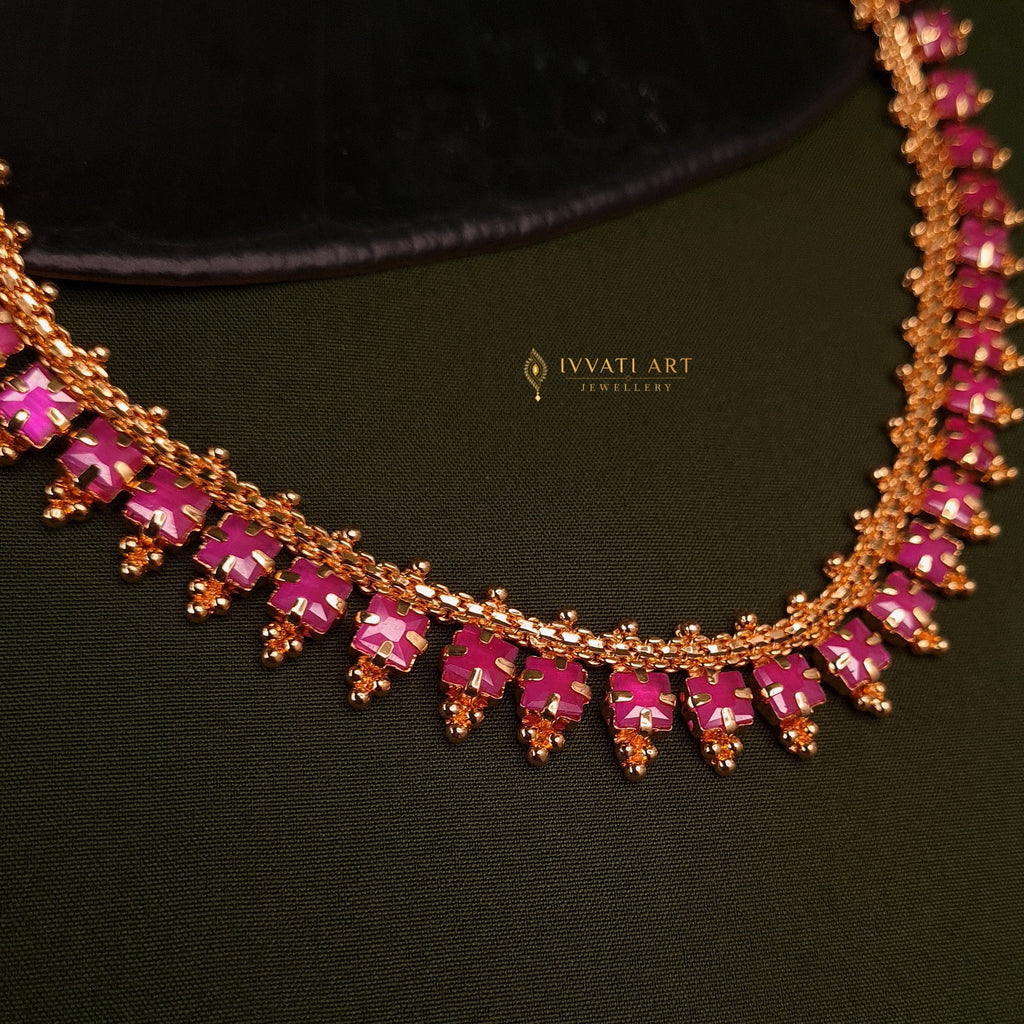 Ruby Pink Stone Necklace Set – Gold-Plated Copper Finish