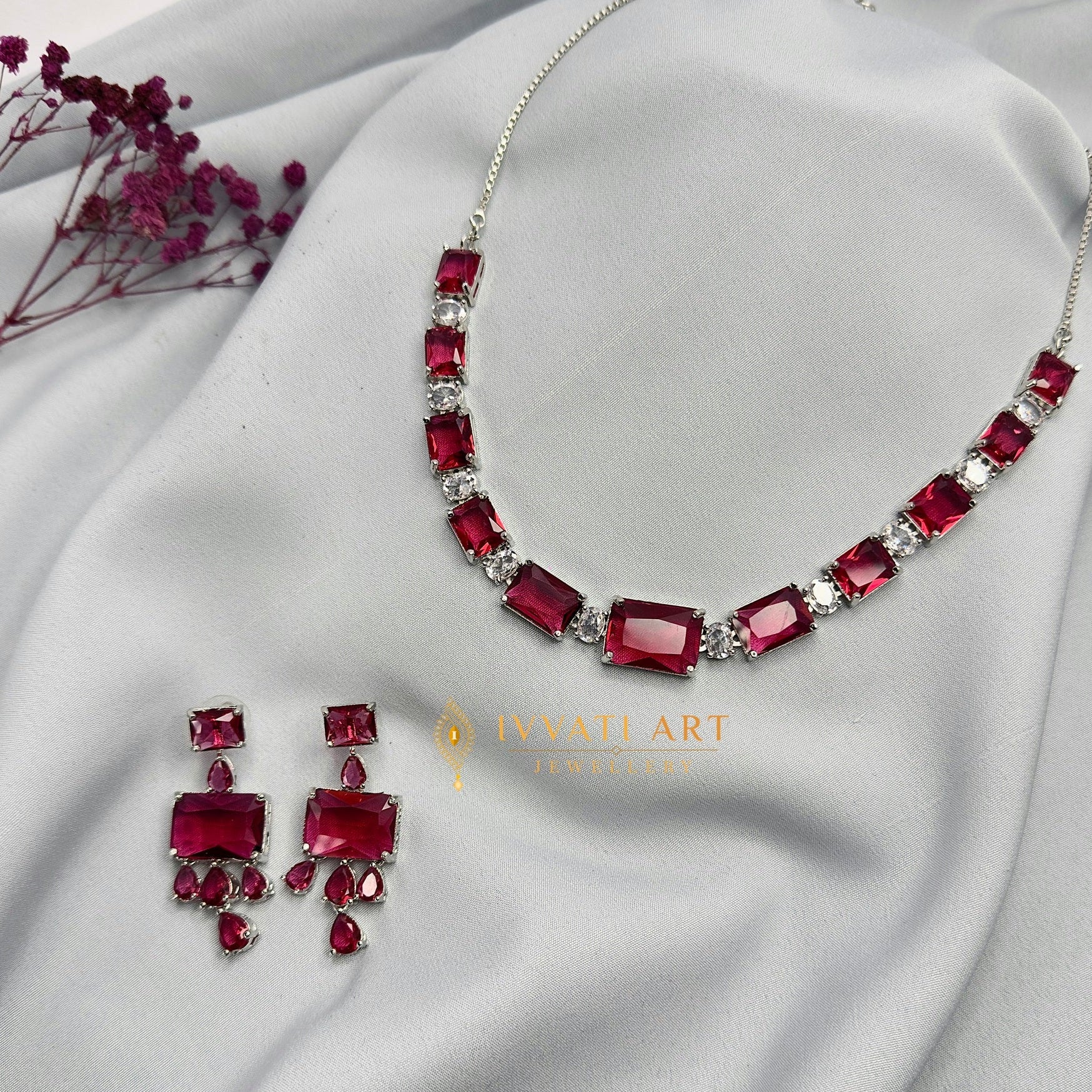 Crimson ruby necklace set with silver base and matching earrings – handcrafted jewellery by Ivvati Art Jewellery.