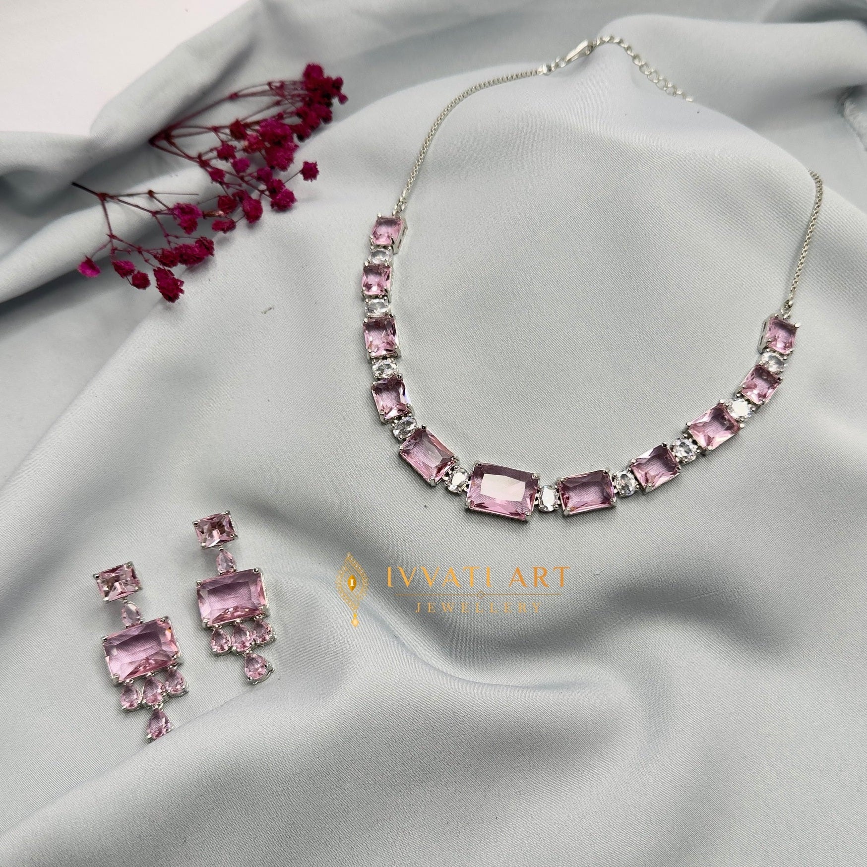 Crimson Radiance Ruby Necklace Set with Silver Finish – Ivvati Art Jewellery