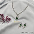 Emerald green stone necklace set with diamond-finish chain and earrings – handcrafted by Ivvati Art Jewellery.