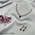 Blue sapphire teardrop silver diamond necklace set with matching earrings – handcrafted festive jewellery by Ivvati Art Jewellery.
