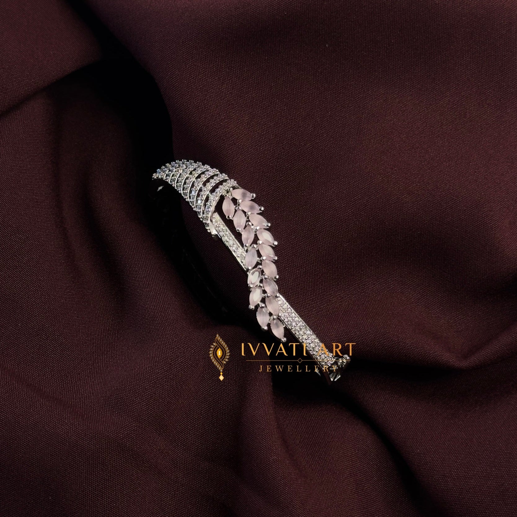 Diamond leaf silver rhodium bracelet with zircon detailing – handcrafted elegant jewellery by Ivvati Art Jewellery.