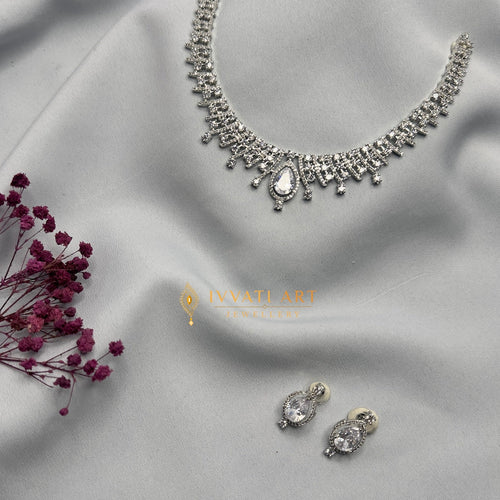 Blush pink diamond silver necklace set with matching earrings – handcrafted pastel festive jewellery by Ivvati Art Jewellery.