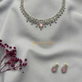 Blush pink diamond silver necklace set with matching earrings – handcrafted pastel festive jewellery by Ivvati Art Jewellery.