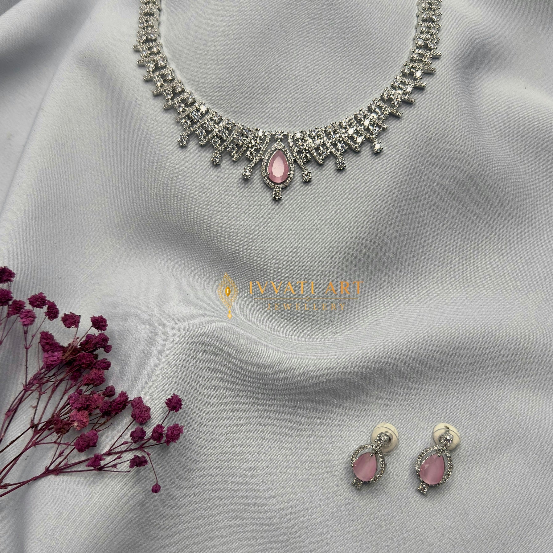 Blush pink diamond silver necklace set with matching earrings – handcrafted pastel festive jewellery by Ivvati Art Jewellery.