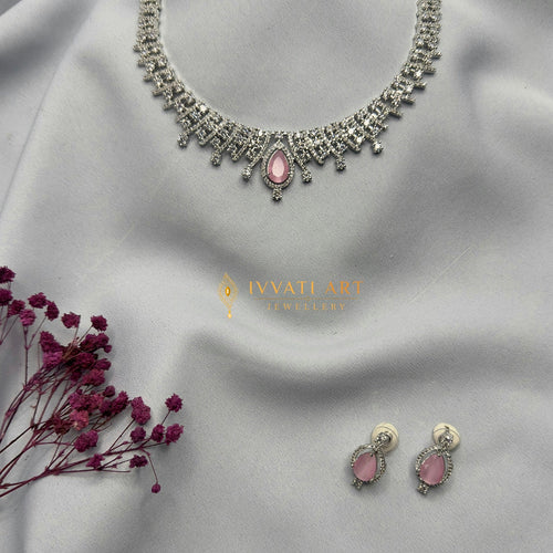 Blush pink diamond silver necklace set with matching earrings – handcrafted pastel festive jewellery by Ivvati Art Jewellery.