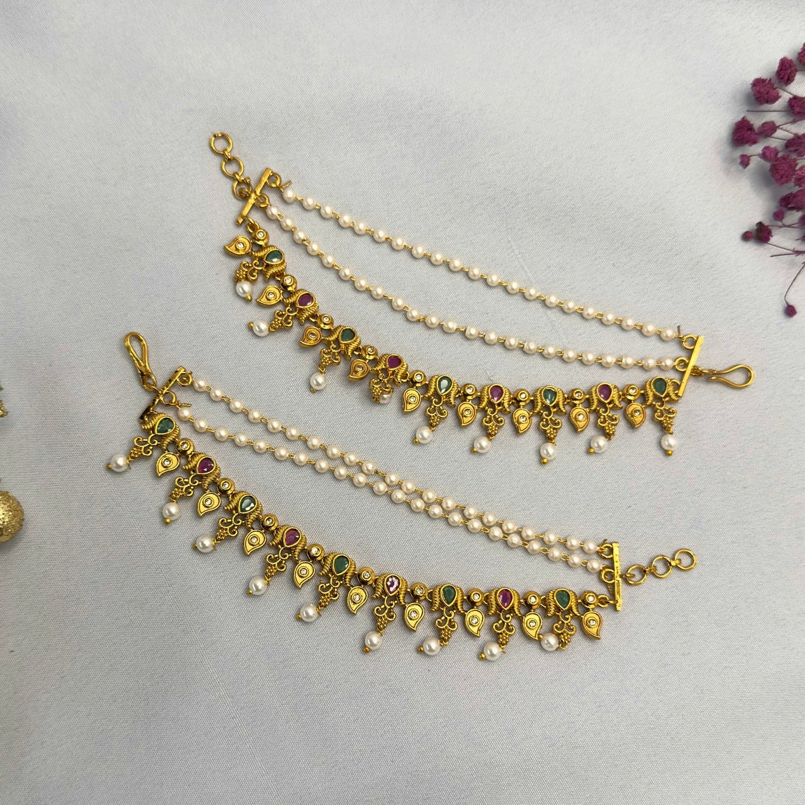 Antique copper gold kaan chain with pearls, ruby & emerald stones – handcrafted temple jewellery by Ivvati Art Jewellery.