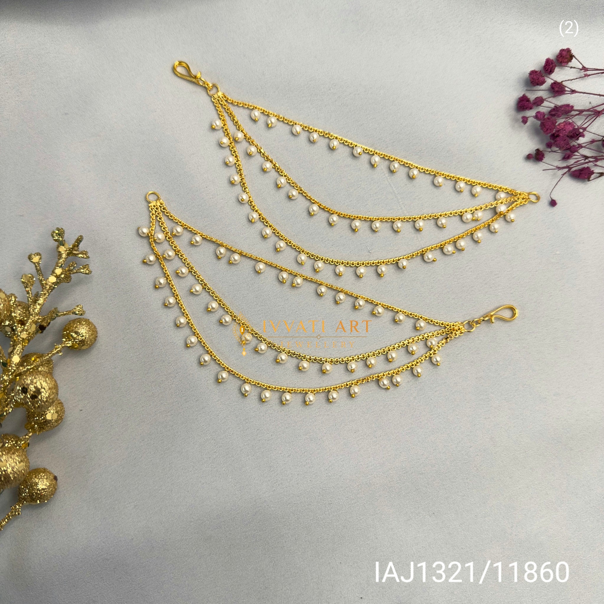 Gold triple-layer kaan chain with pearl drops – handcrafted festive and bridal jewellery by Ivvati Art Jewellery.