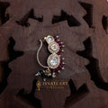 Gold Kundan nath with ruby detailing, green crystal beads, and pearl hangings – handcrafted festive jewellery by Ivvati Art Jewellery.