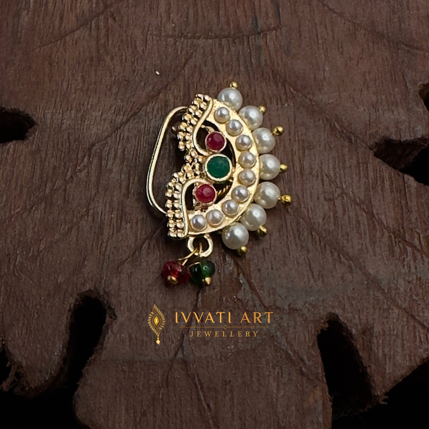 Antique gold nath with pearls, ruby and emerald stones – handcrafted traditional jewellery by Ivvati Art Jewellery.
