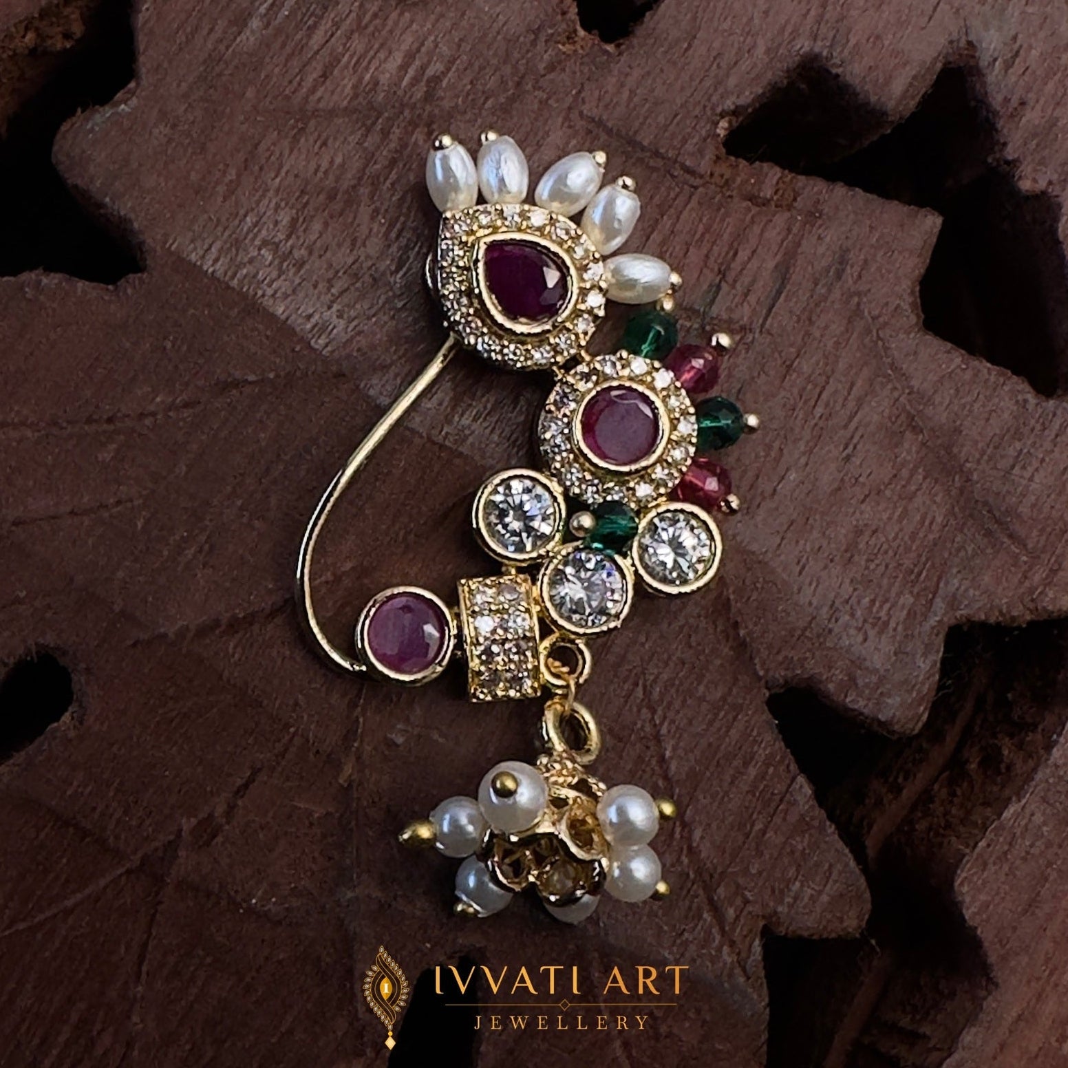 Bridal Kundan nath with ruby stones, pearls, and antique gold finish – handcrafted traditional jewellery by Ivvati Art Jewellery.