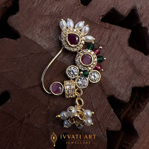 Bridal Kundan nath with ruby stones, pearls, and antique gold finish – handcrafted traditional jewellery by Ivvati Art Jewellery.