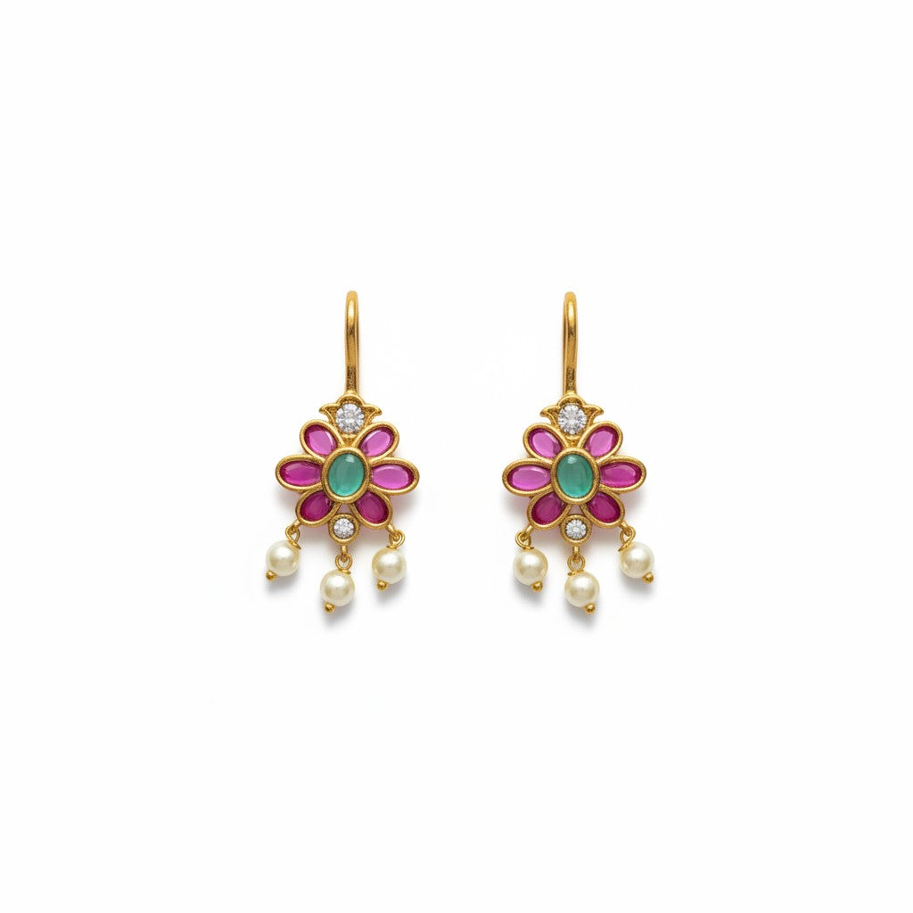 Pink Green Floral Bugadi Earrings with Pearl Drops | Ivvati