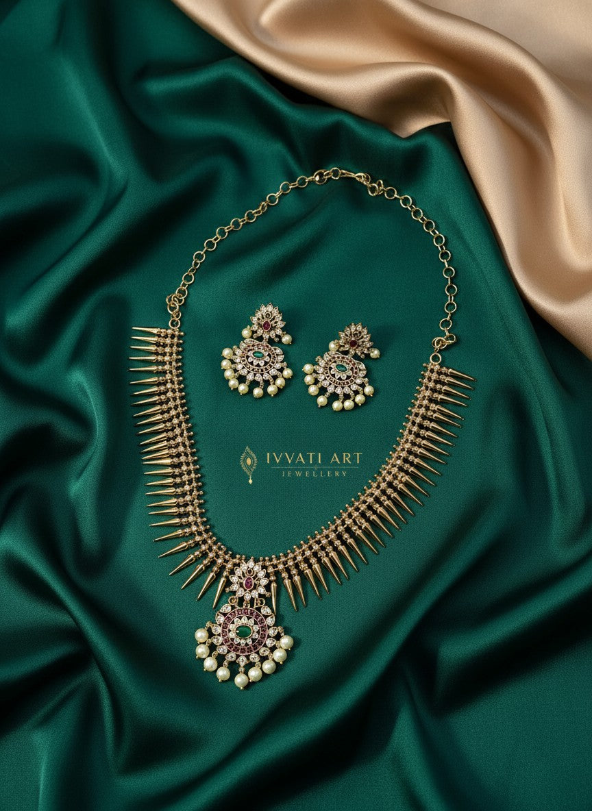 Rajeshwari Temple Spike Necklace Set with Kundan & Pearl Drops