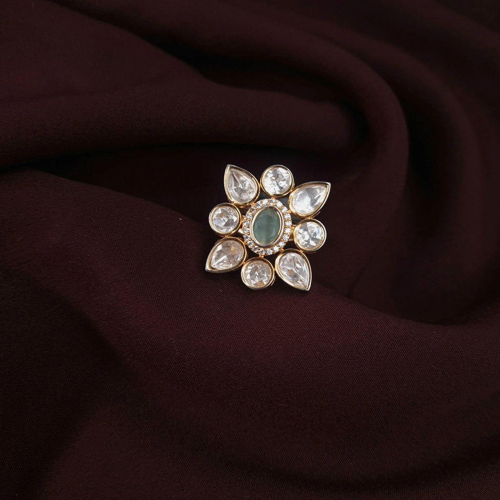 Floral Kundan Ring in White and Green