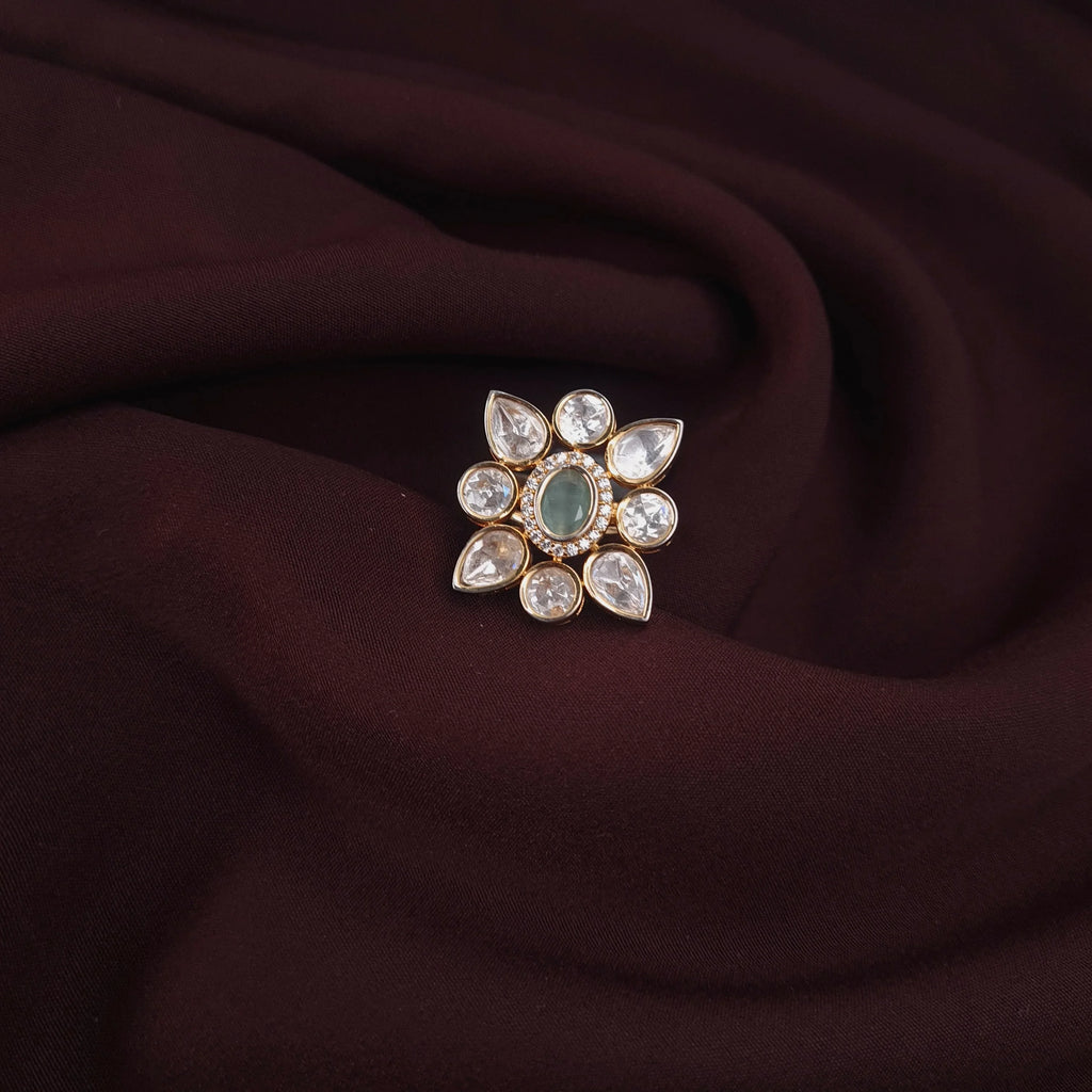 White and green kundan floral gold ring