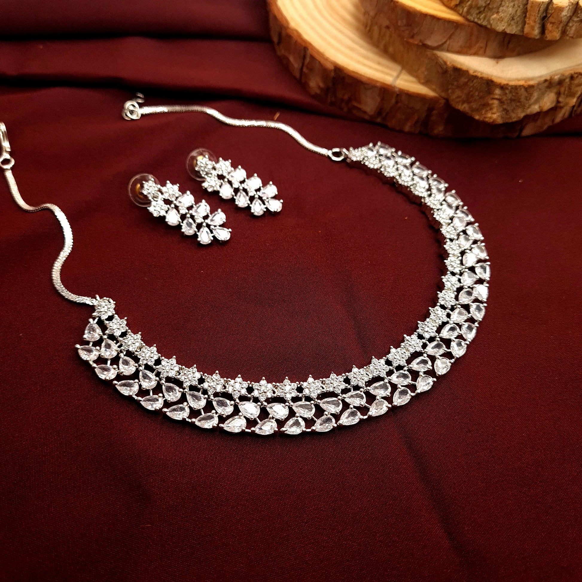 Silver CZ Diamond Necklace Set with Earrings 