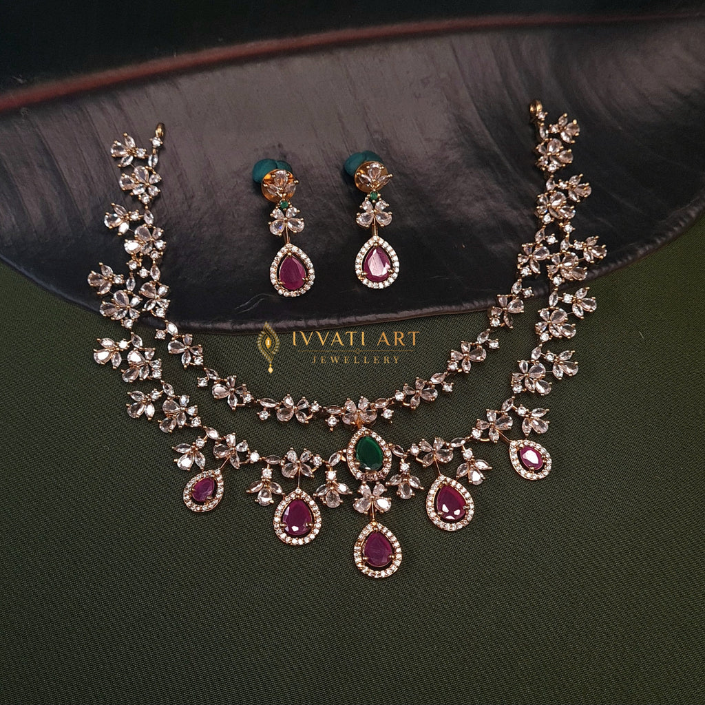 2-Layer CZ Copper Necklace – Green & Ruby Stone Design
