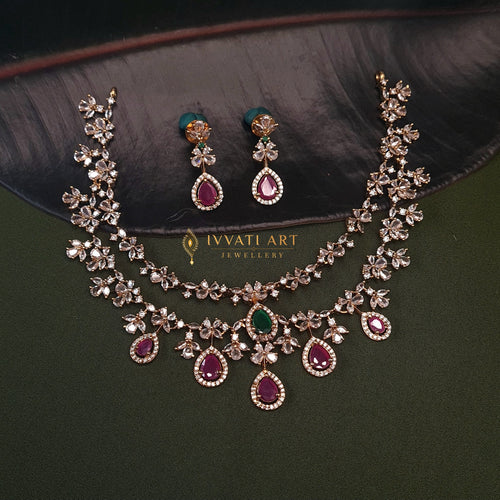 2-Layer CZ Copper Necklace – Green & Ruby Stone Design