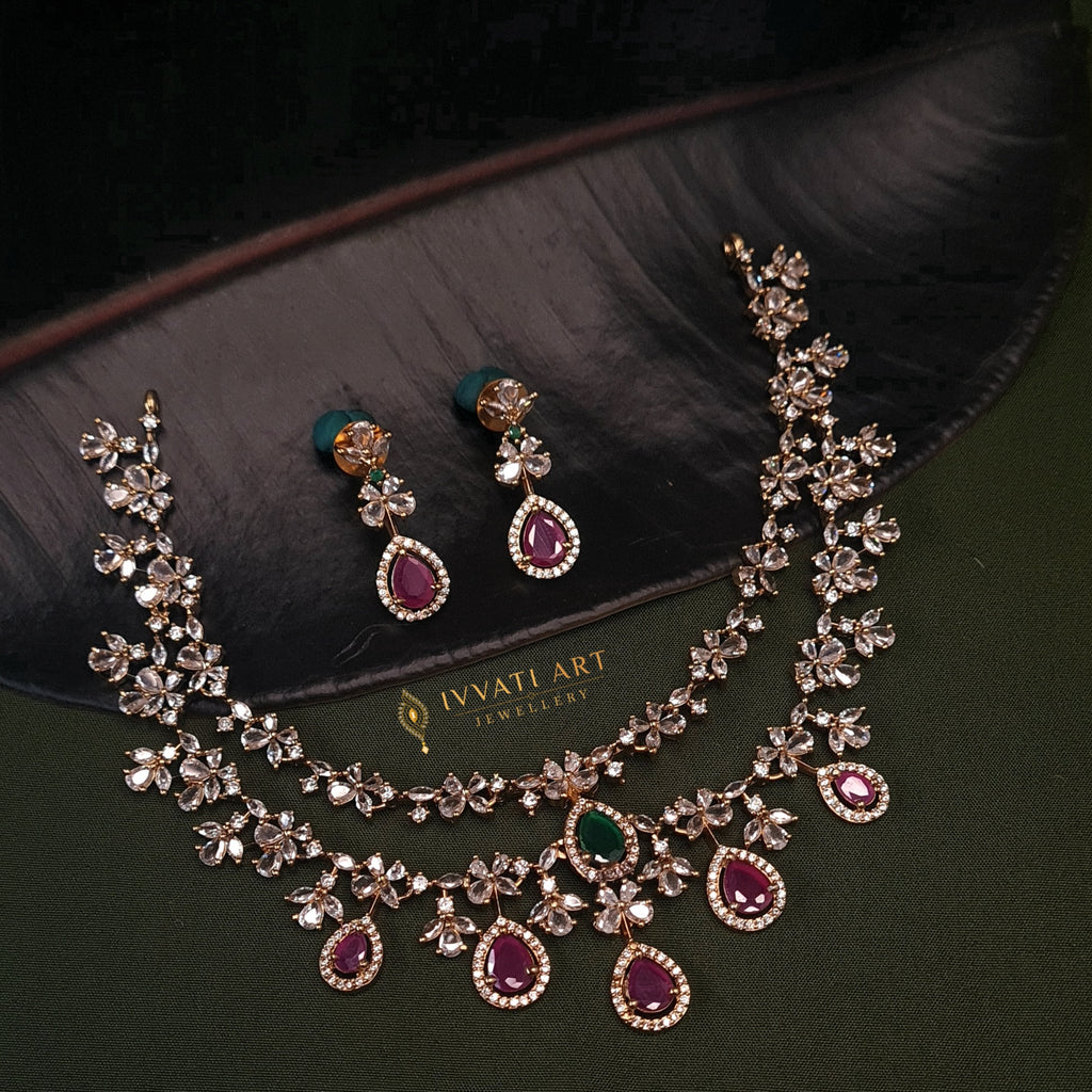 2-Layer CZ Copper Necklace – Green & Ruby Stone Design