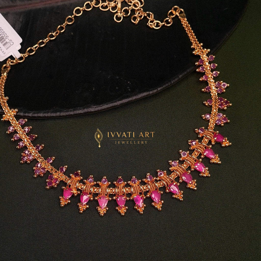 Gold Finish Necklace with Pink Stones