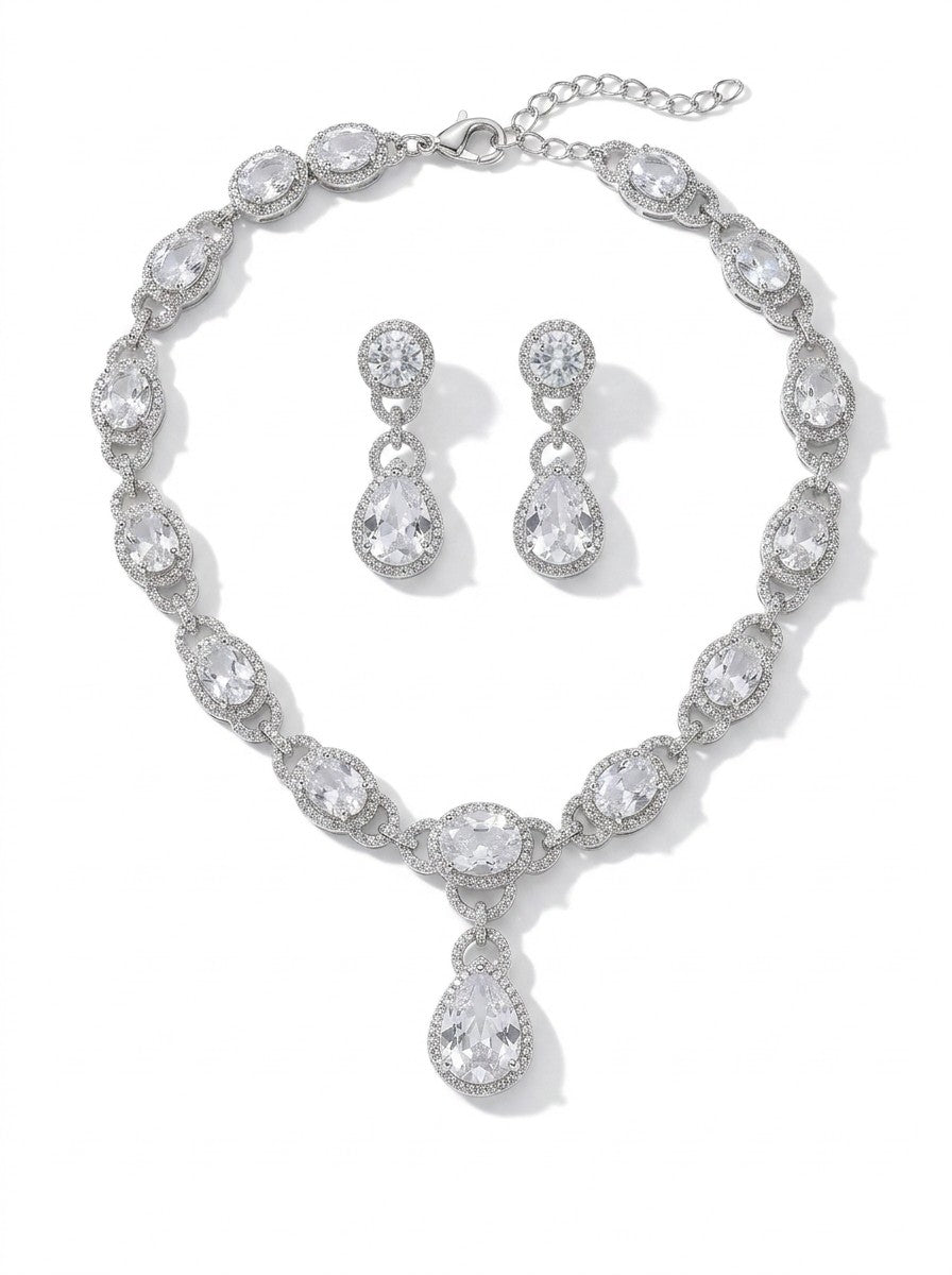Silver CZ Necklace with Stone Drop Pendant