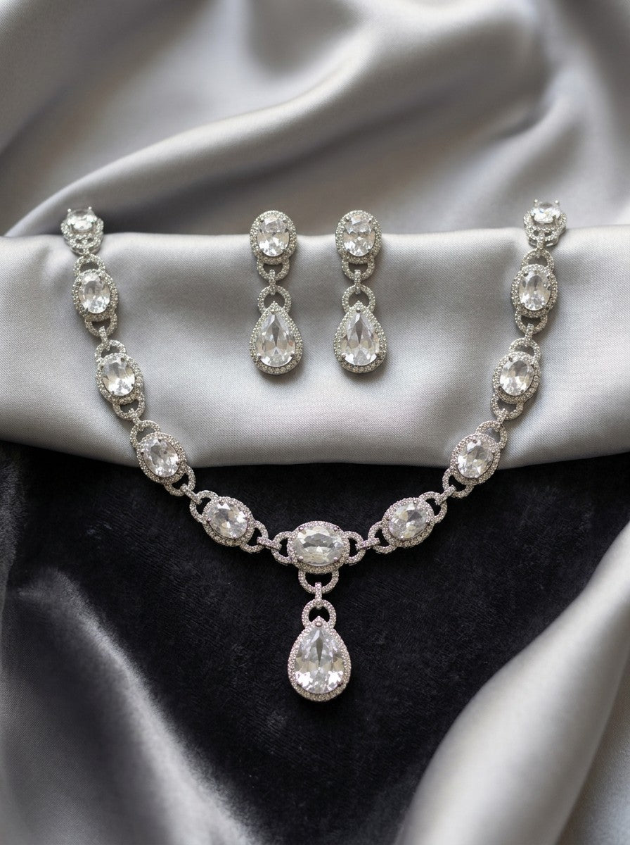 Silver CZ Necklace with Stone Drop Pendant
