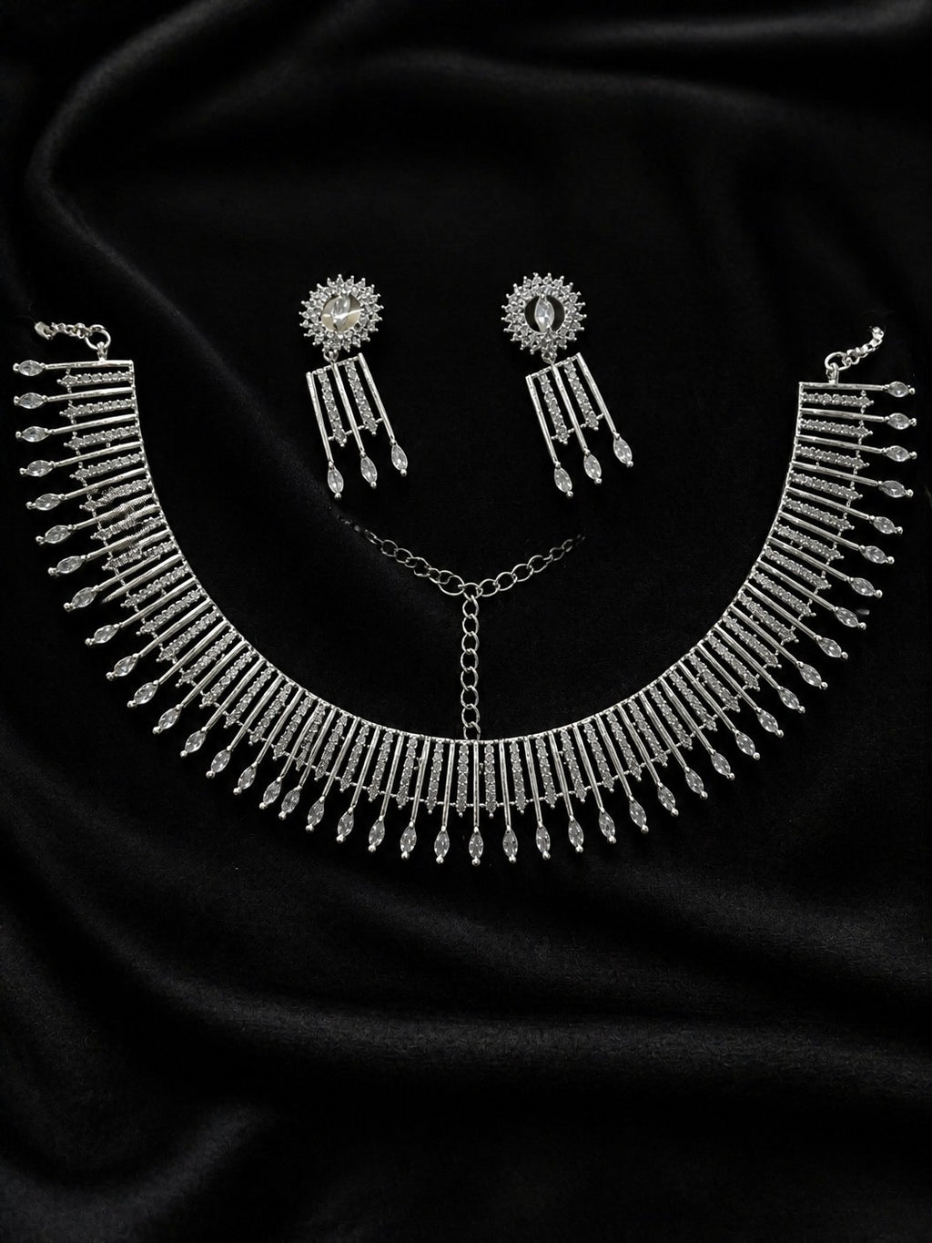 Radiant CZ Silver Necklace Set with Dangling Drops